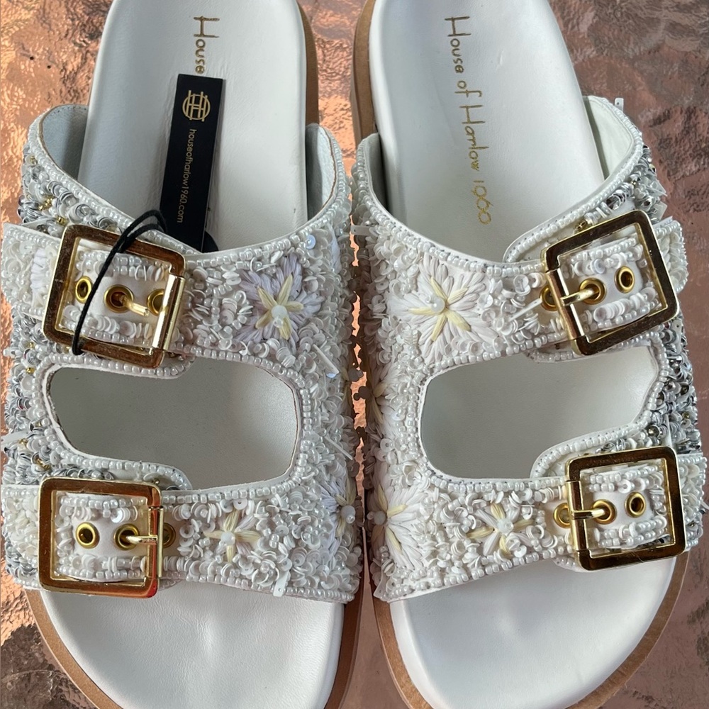 House of Harlow 1960 Floral White Sandals with Gold Buckles